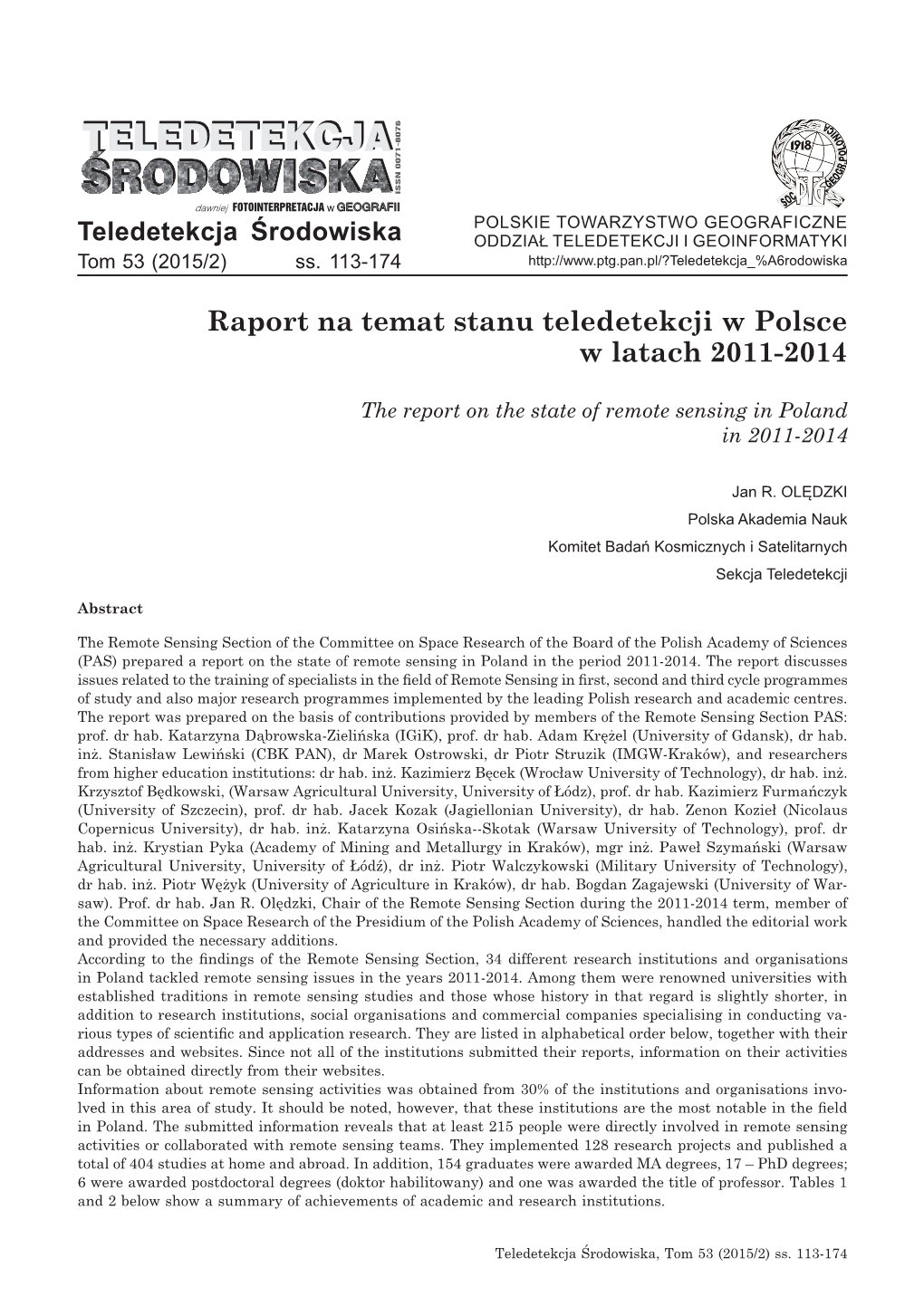 Raport Na Temat Stanu Teledetekcji W Polsce W Latach 2011-2014