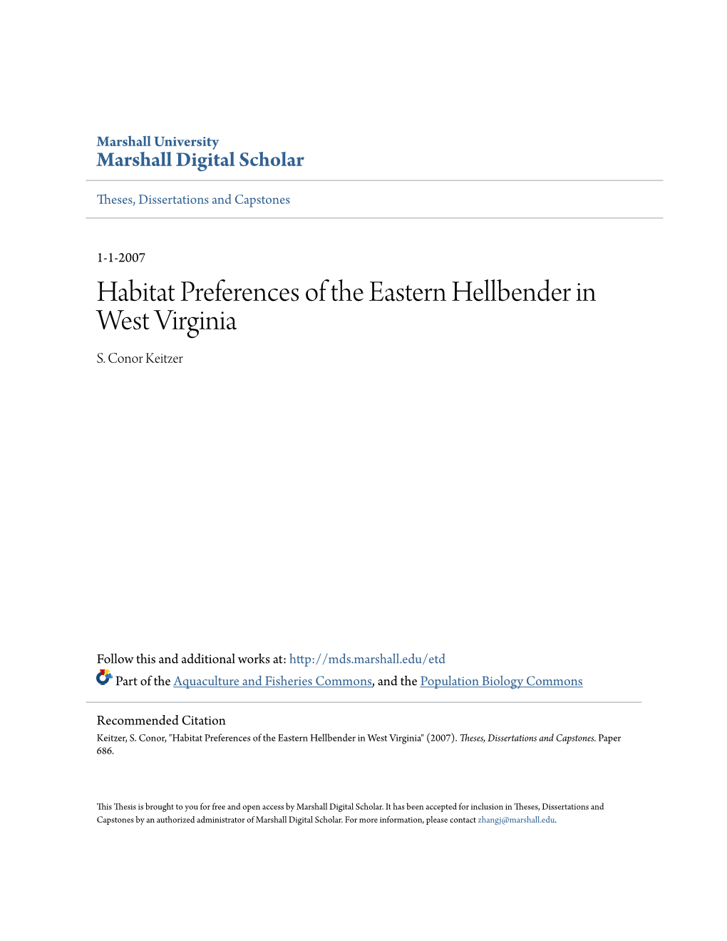 Habitat Preferences of the Eastern Hellbender in West Virginia S