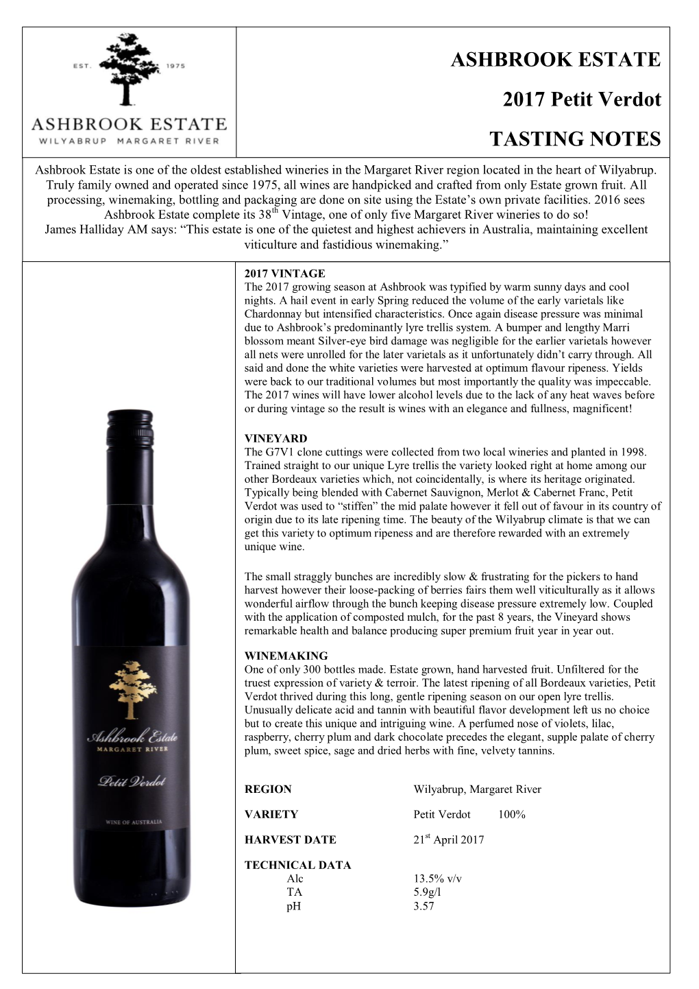 ASHBROOK ESTATE 2017 Petit Verdot TASTING NOTES