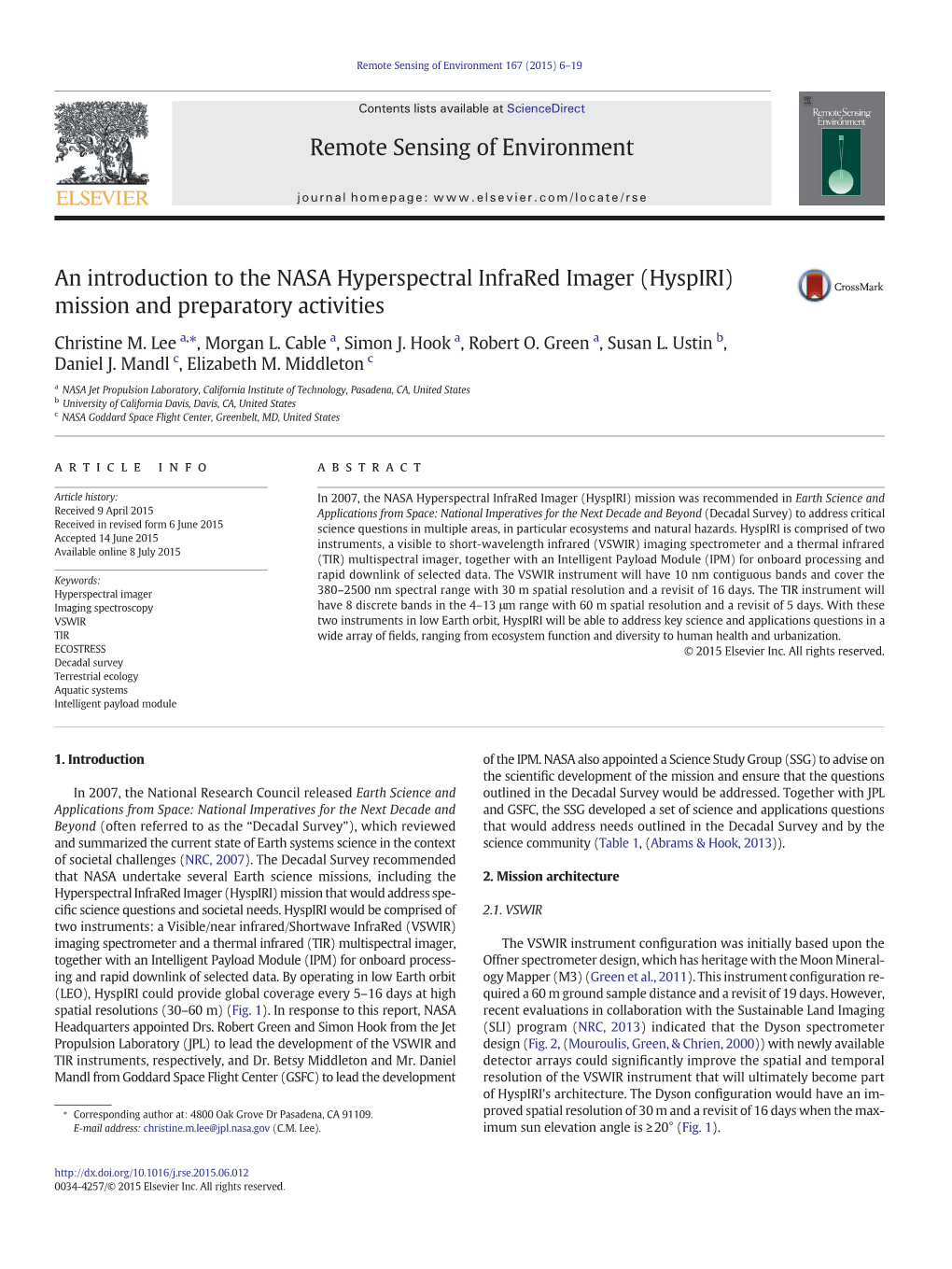 An Introduction to the NASA Hyperspectral Infrared Imager (Hyspiri) Mission and Preparatory Activities