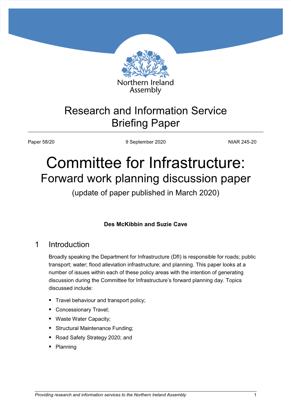 Committee for Infrastructure: Forward Work Planning Discussion Paper (Update of Paper Published in March 2020)