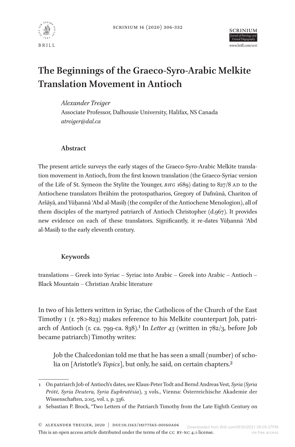 The Beginnings of the Graeco-Syro-Arabic Melkite Full Is Advance Article: 21 Full Article Language: En Indien Anders: Engelse Articletitle: 0