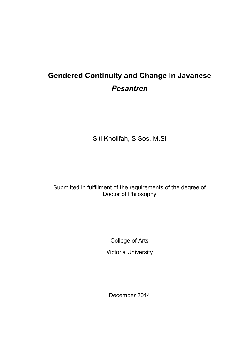 Gendered Continuity and Change in Javanese Pesantren