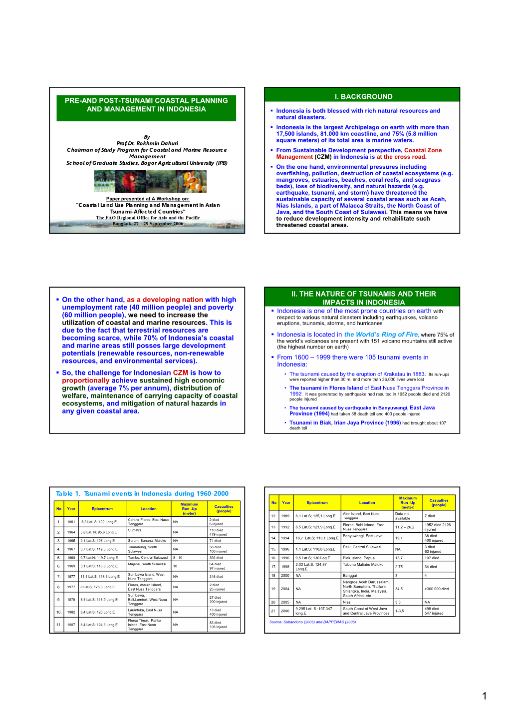 PRE-AND POST-TSUNAMI COASTAL PLANNING and MANAGEMENT in INDONESIA ƒ Indonesia Is Both Blessed with Rich Natural Resources and Natural Disasters