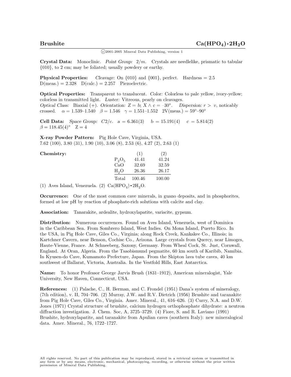 Brushite Ca(HPO4) • 2H2O C 2001-2005 Mineral Data Publishing, Version 1