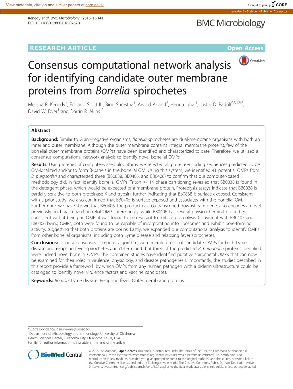 Consensus Computational Network Analysis for Identifying Candidate Outer Membrane Proteins from Borrelia Spirochetes Melisha R