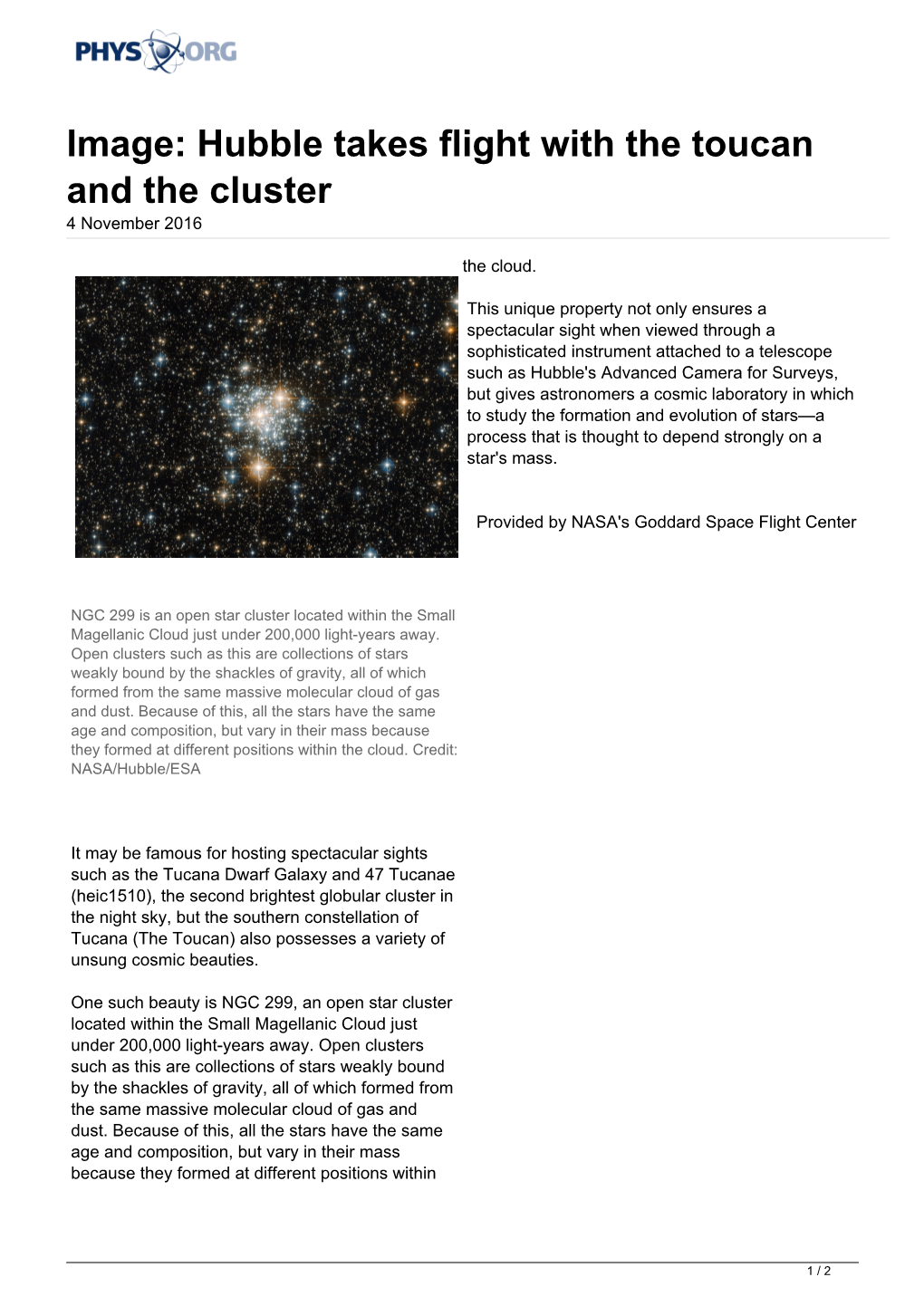 Hubble Takes Flight with the Toucan and the Cluster 4 November 2016