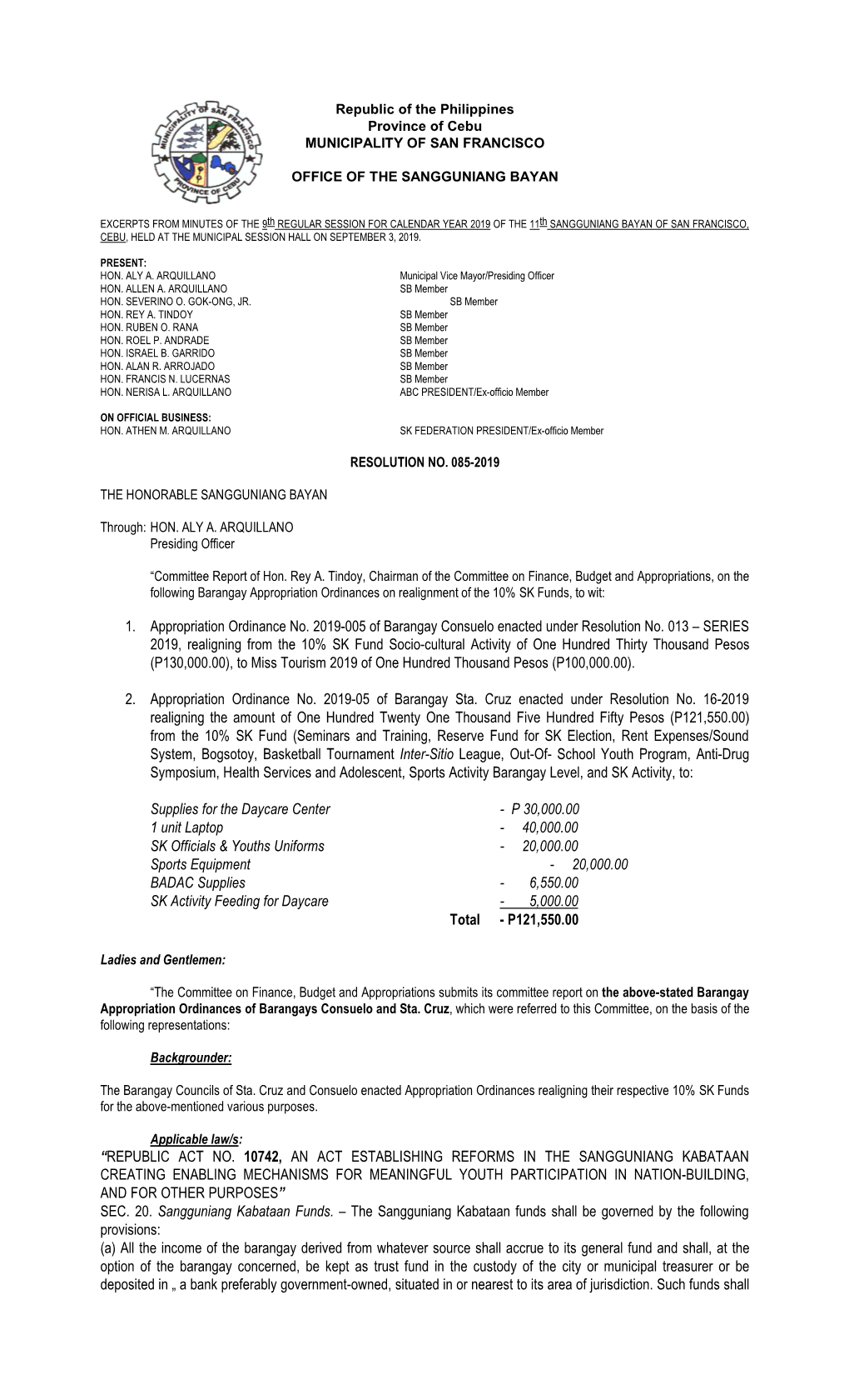 1. Appropriation Ordinance No. 2019-005 of Barangay Consuelo Enacted Under Resolution No