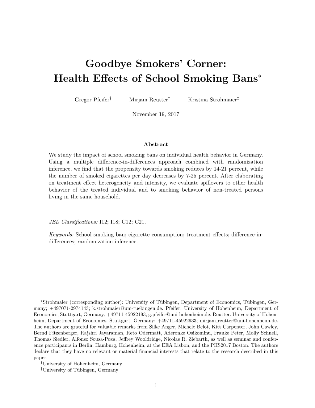 Goodbye Smokers' Corner: Health Effects of School Smoking Bans