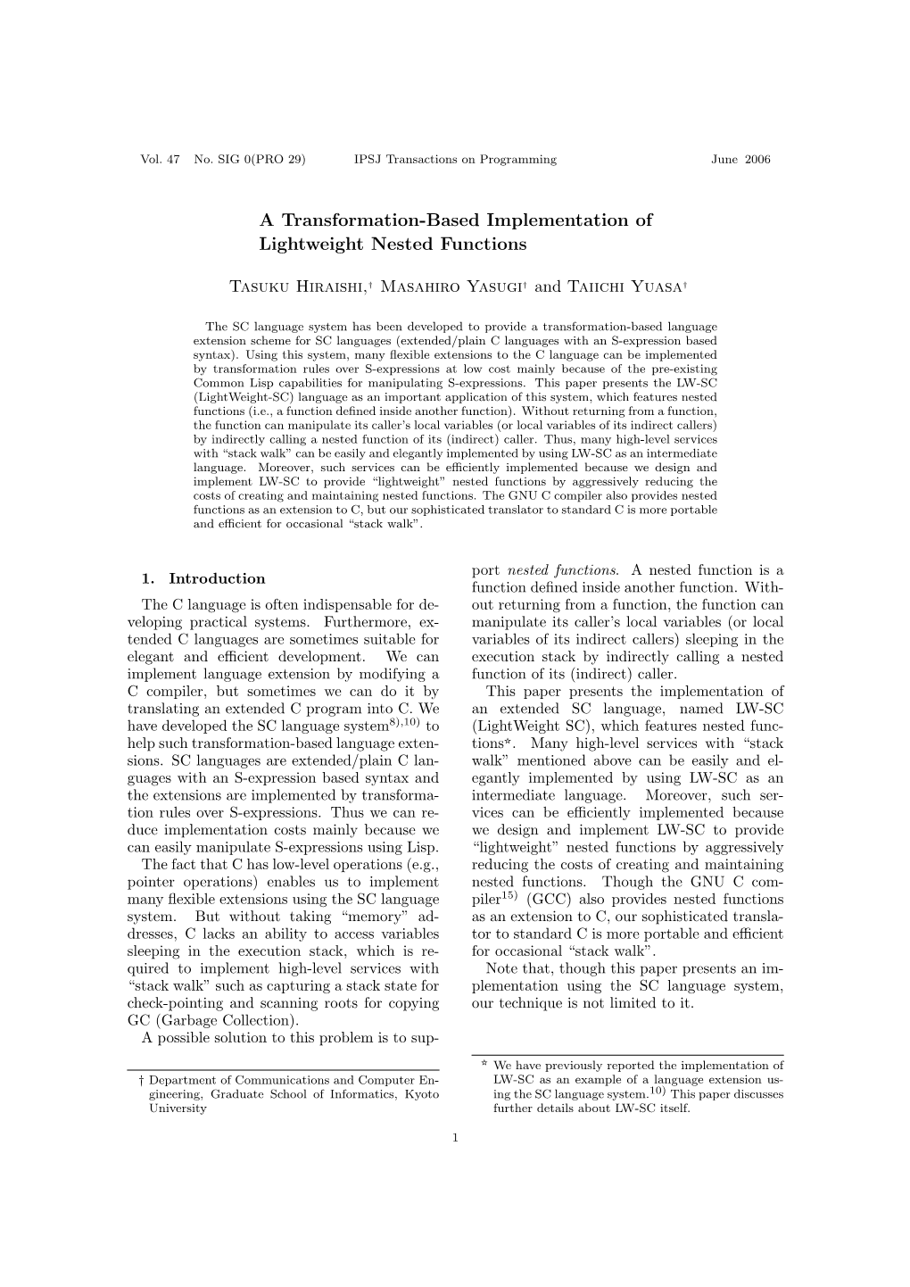 A Transformation-Based Implementation of Lightweight Nested Functions