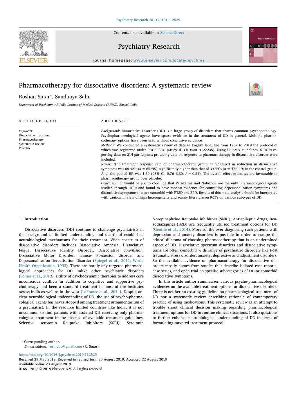 Pharmacotherapy for Dissociative Disorders a Systematic Review