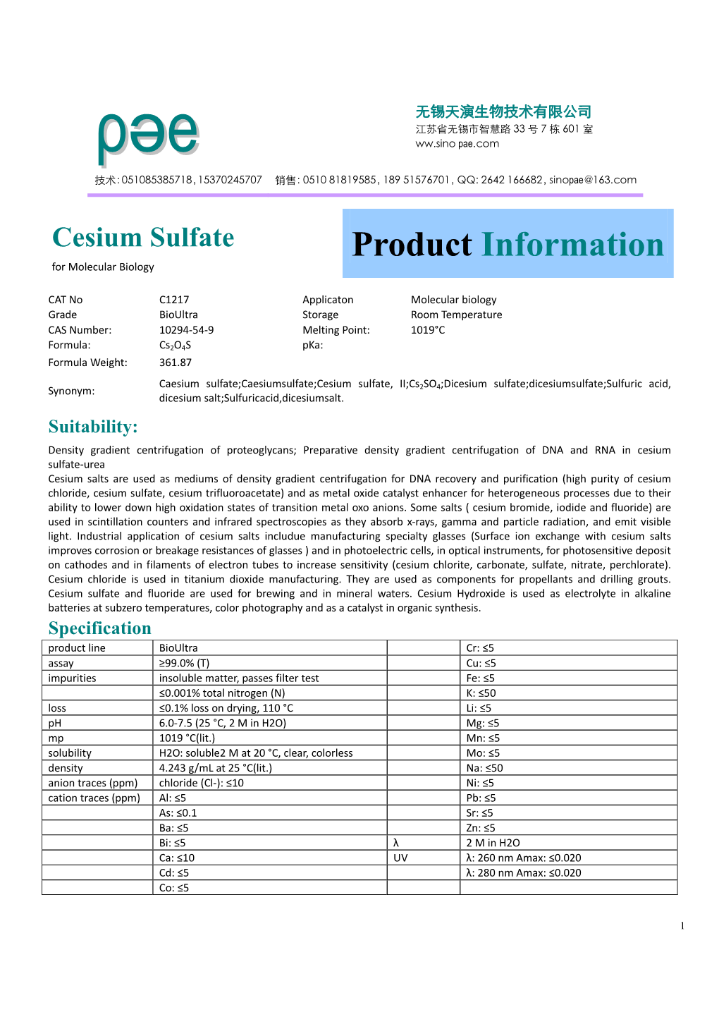 Cesium Sulfate Product Information for Molecular Biology