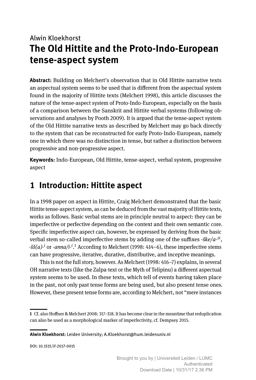 The Old Hittite and the Proto-Indo-European Tense-Aspect System