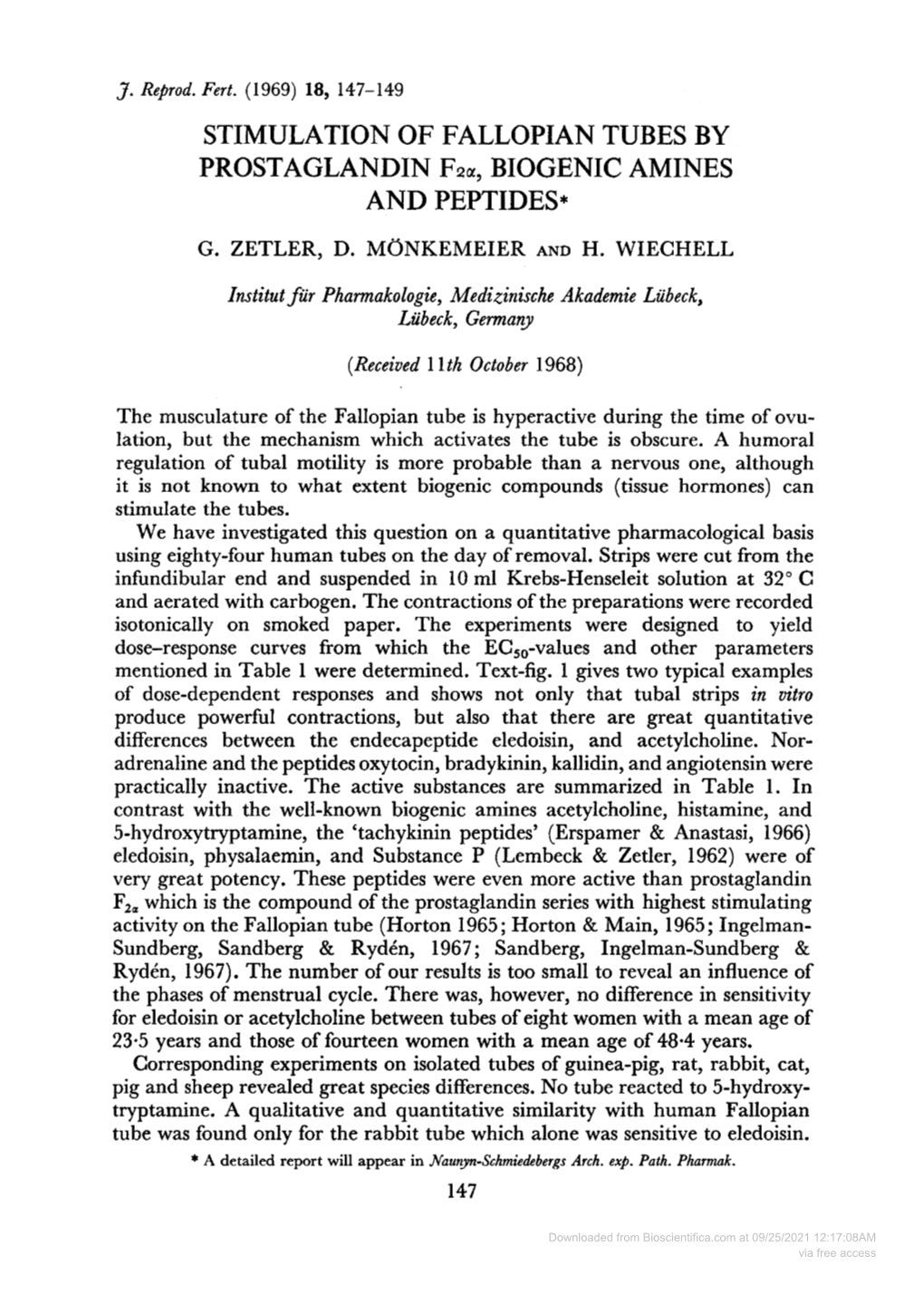 STIMULATION of FALLOPIAN TUBES by PROSTAGLANDIN F2\G=A\,BIOGENIC AMINES and PEPTIDES