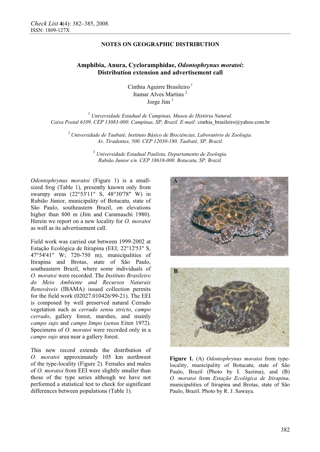Amphibia, Anura, Cycloramphidae, Odontophrynus Moratoi: Distribution Extension and Advertisement Call