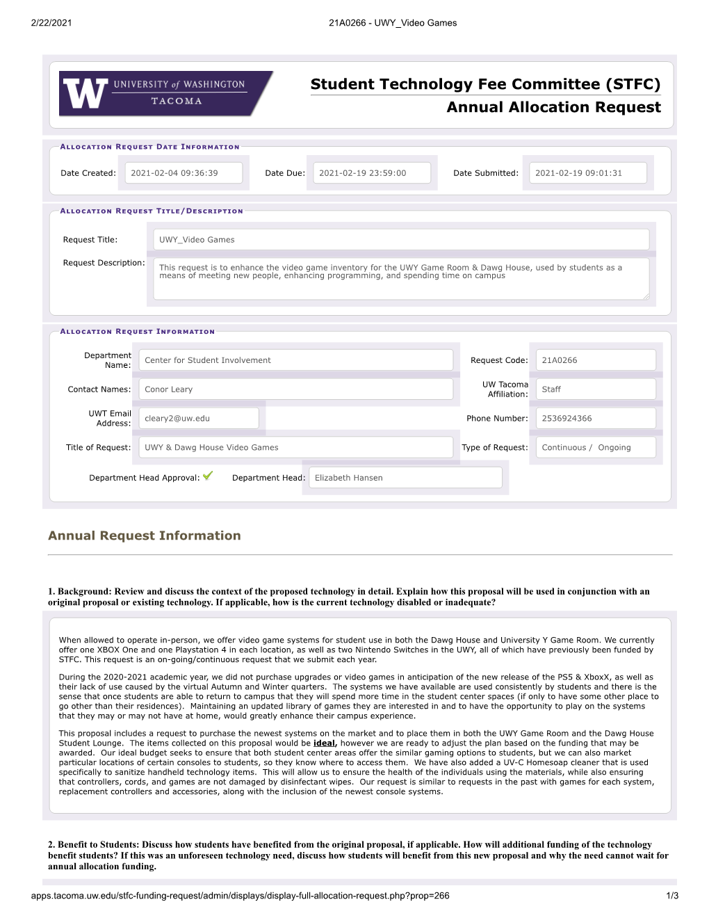 Student Technology Fee Committee (STFC) Annual Allocation Request