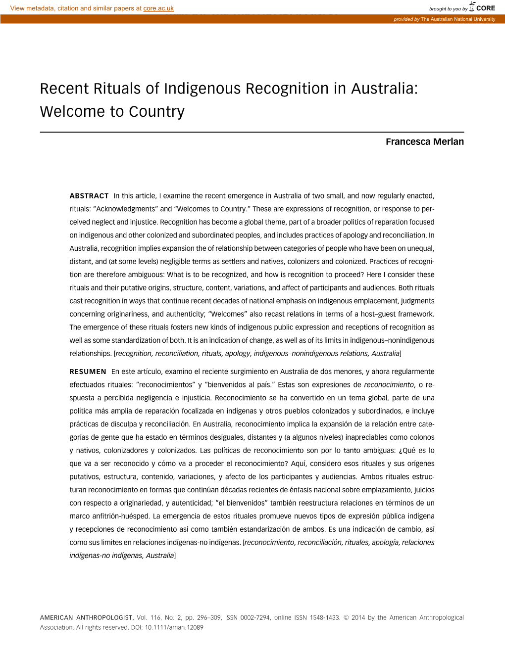Recent Rituals of Indigenous Recognition in Australia: Welcome to Country