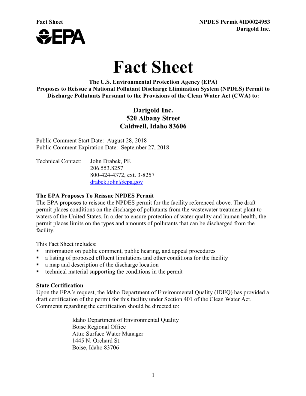 Fact Sheet for the Draft NPDES Permit for Darigold, Inc
