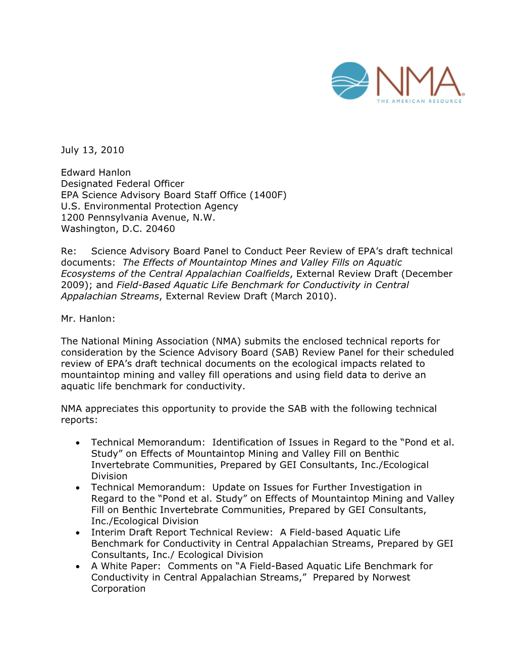 July 13, 2010 Edward Hanlon Designated Federal Officer EPA