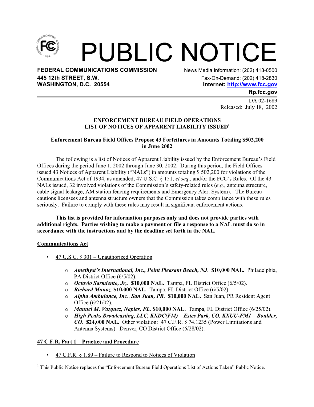 PUBLIC NOTICE FEDERAL COMMUNICATIONS COMMISSION News Media Information: (202) 418-0500 445 12Th STREET, S.W