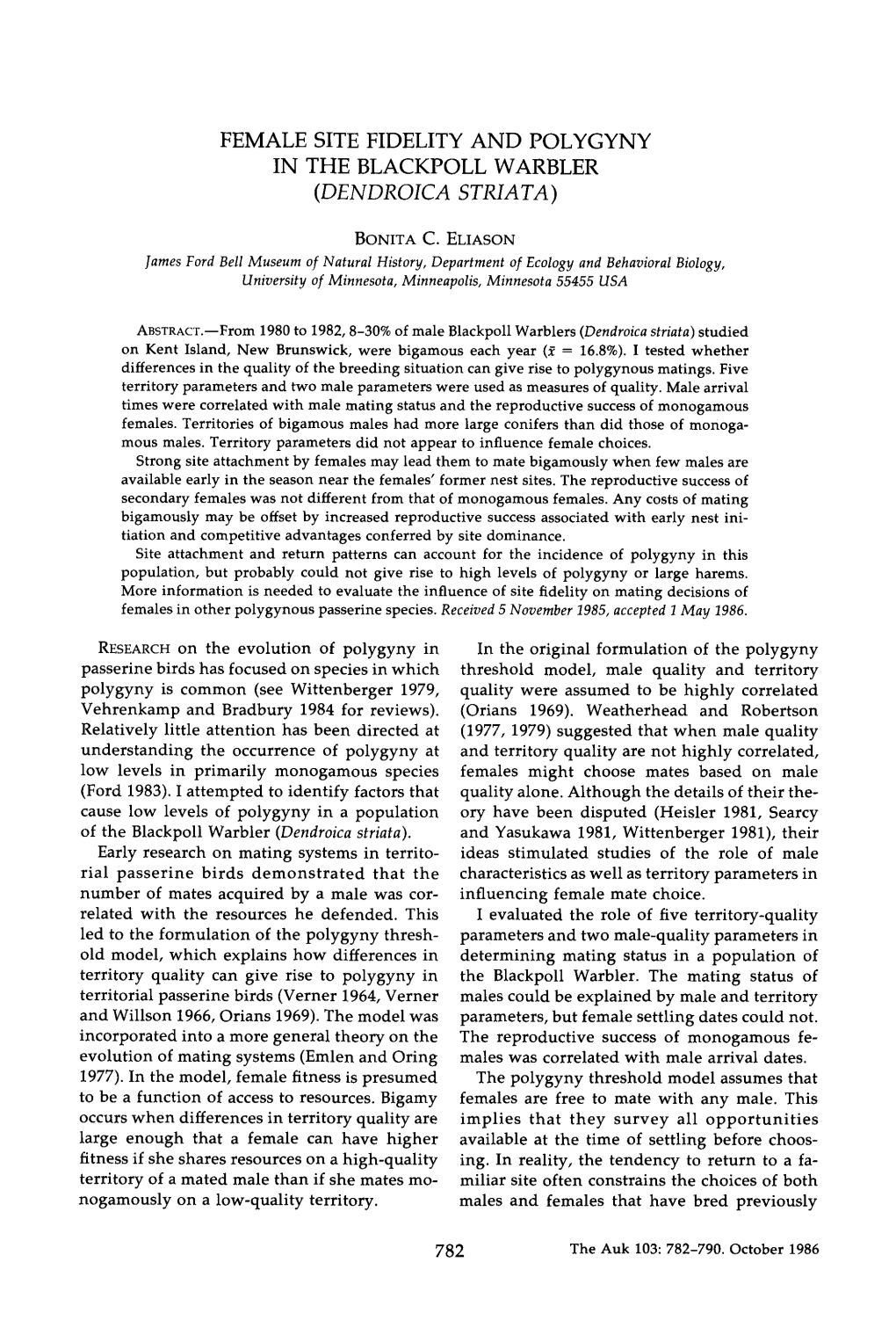 Female Site Fidelity and Polygyny in the Blackpoll Warbler (Dendroica Striata)