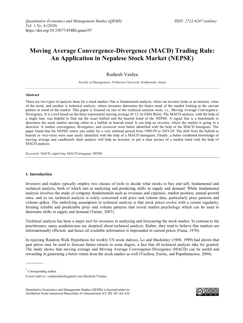 MACD) Trading Rule: an Application in Nepalese Stock Market (NEPSE