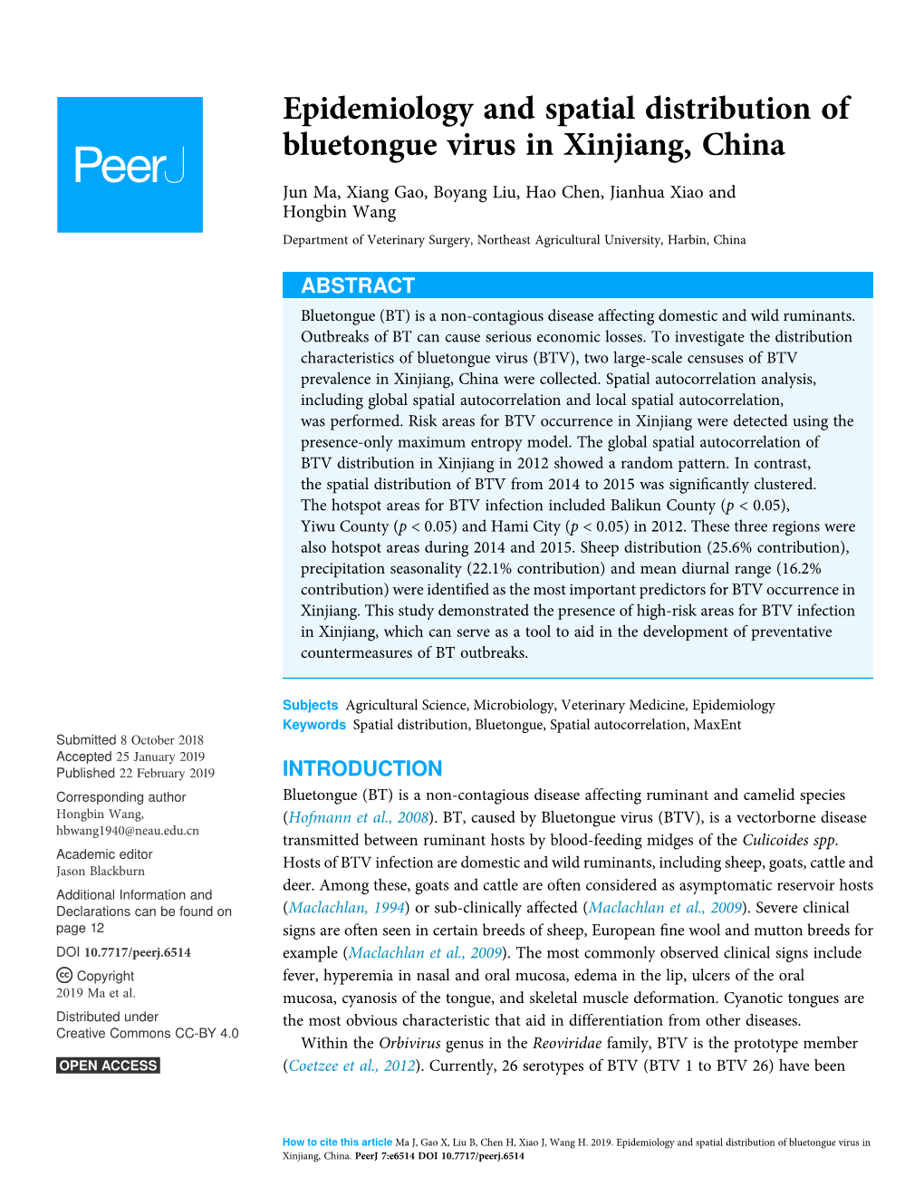 Epidemiology and Spatial Distribution of Bluetongue Virus in Xinjiang, China