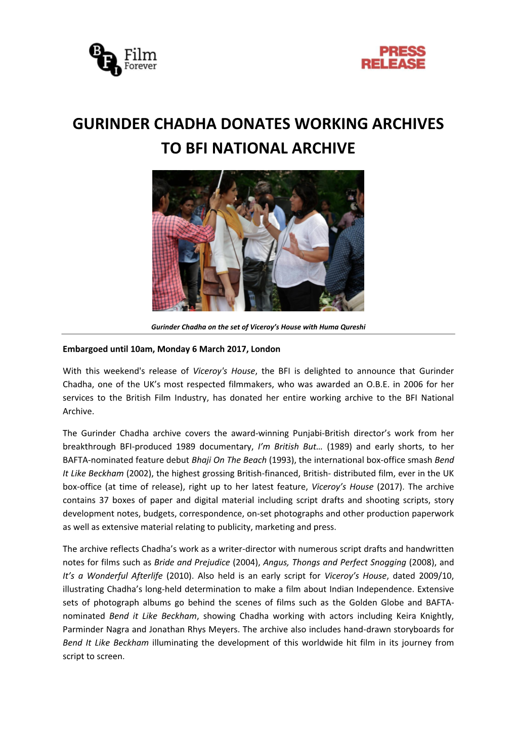 BFI Press Release: Gurinder Chadha Donates Working Archives to BFI