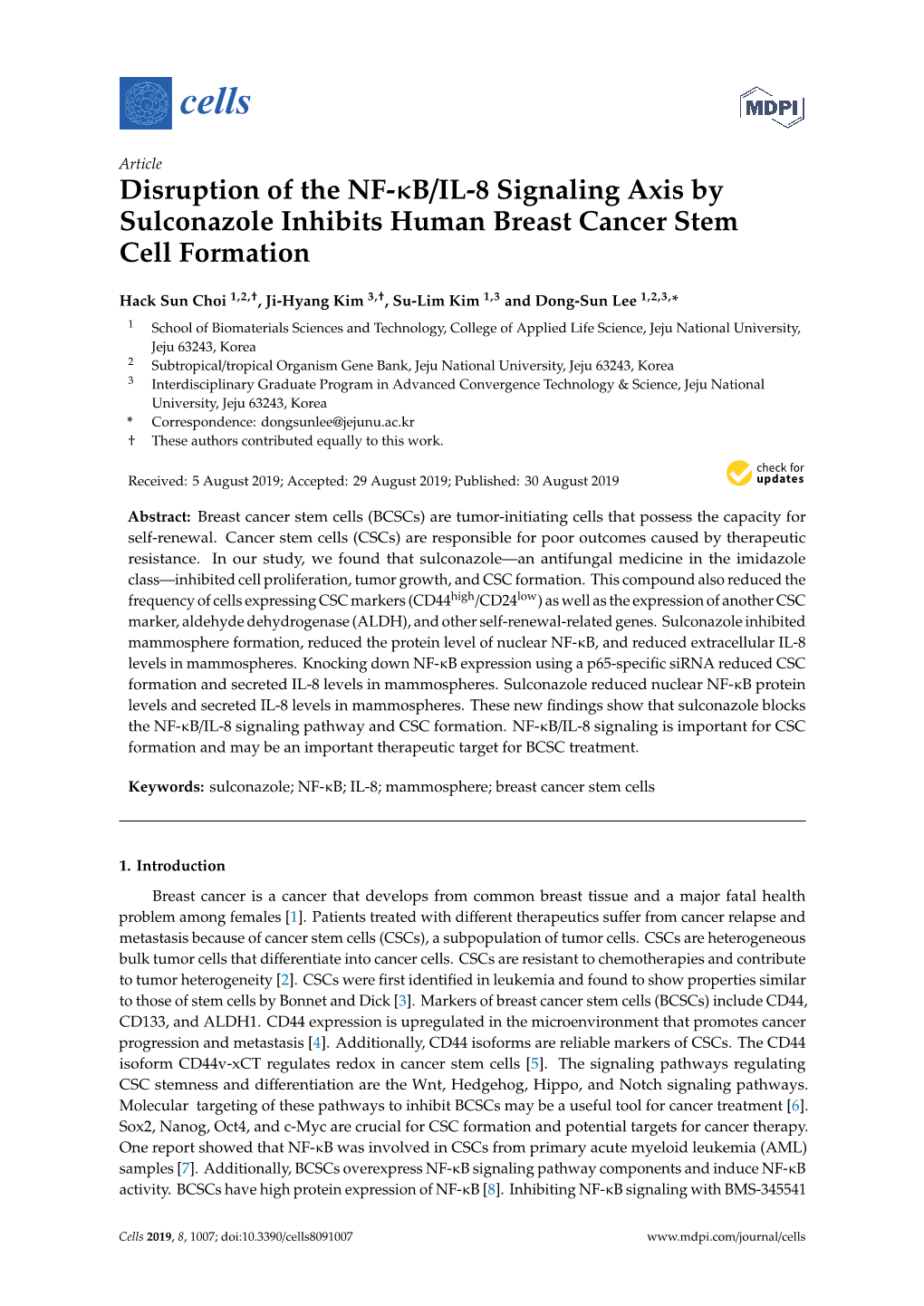 Disruption of the NF-B/IL-8 Signaling Axis by Sulconazole Inhibits Human Breast Cancer Stem Cell Formation