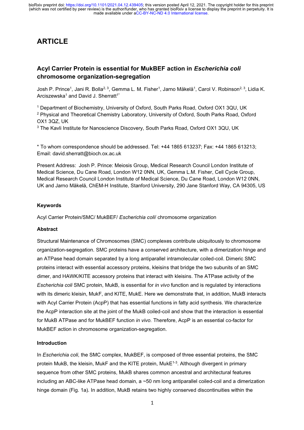 Acyl Carrier Protein Is Essential for Mukbef Action in Escherichia Coli Chromosome Organization-Segregation