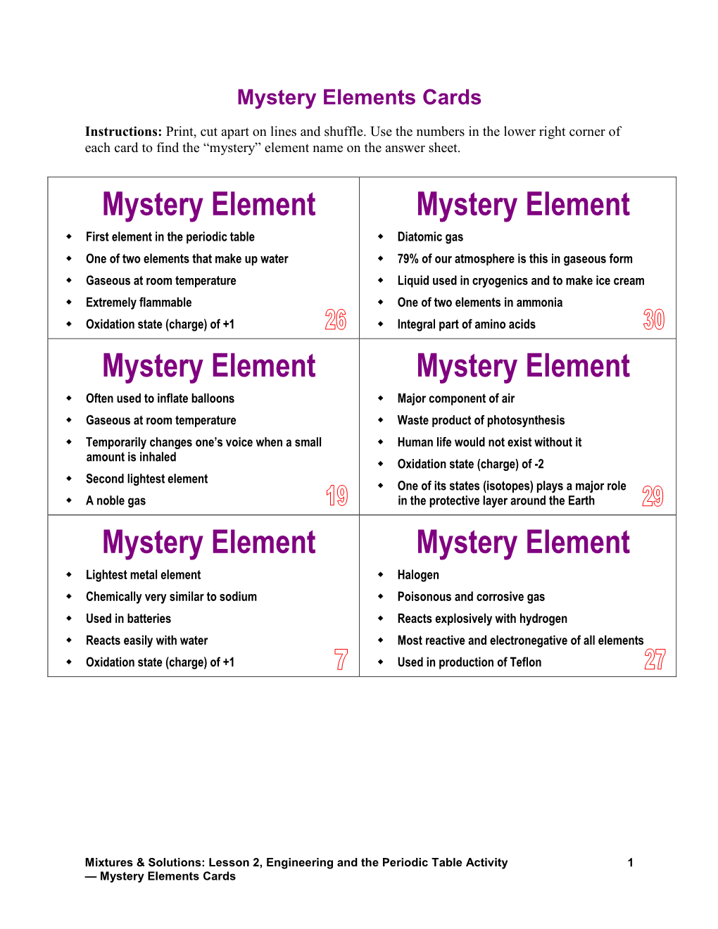 Mystery Elements Cards