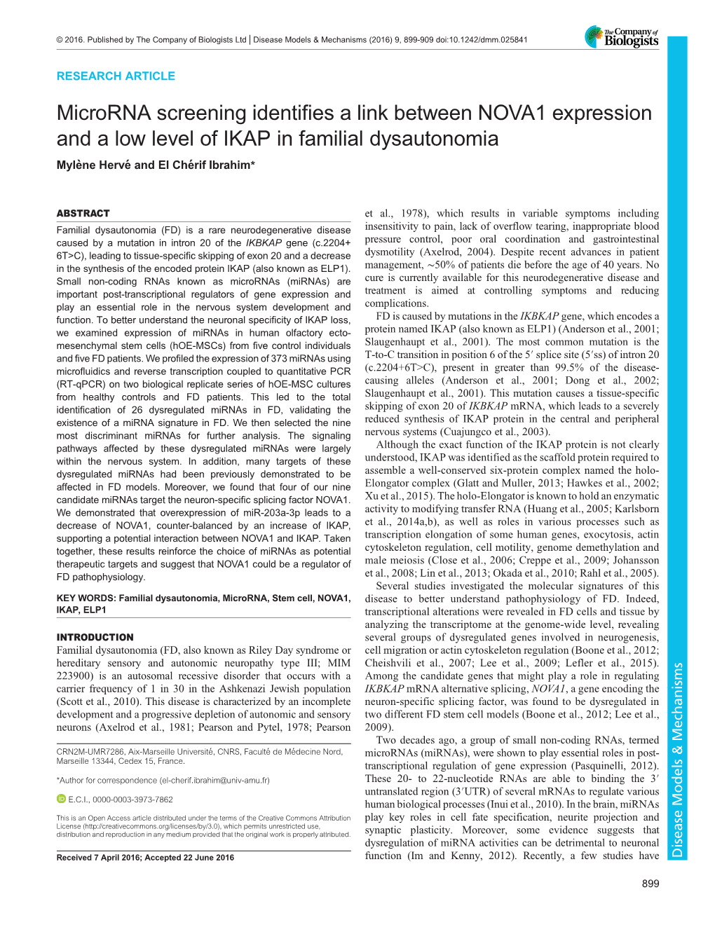 Microrna Screening Identifies a Link Between NOVA1 Expression and a Low Level of IKAP in Familial Dysautonomia Mylenè Hervéand El Chérif Ibrahim*