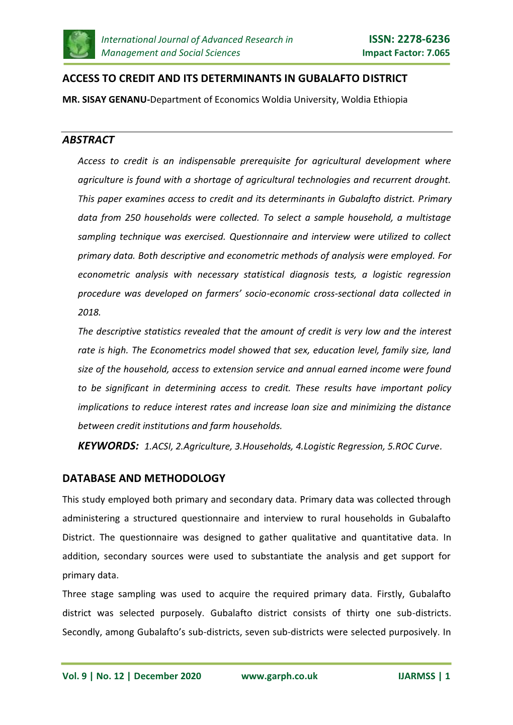 2278-6236 Access to Credit and Its Determinants in Gubalafto District