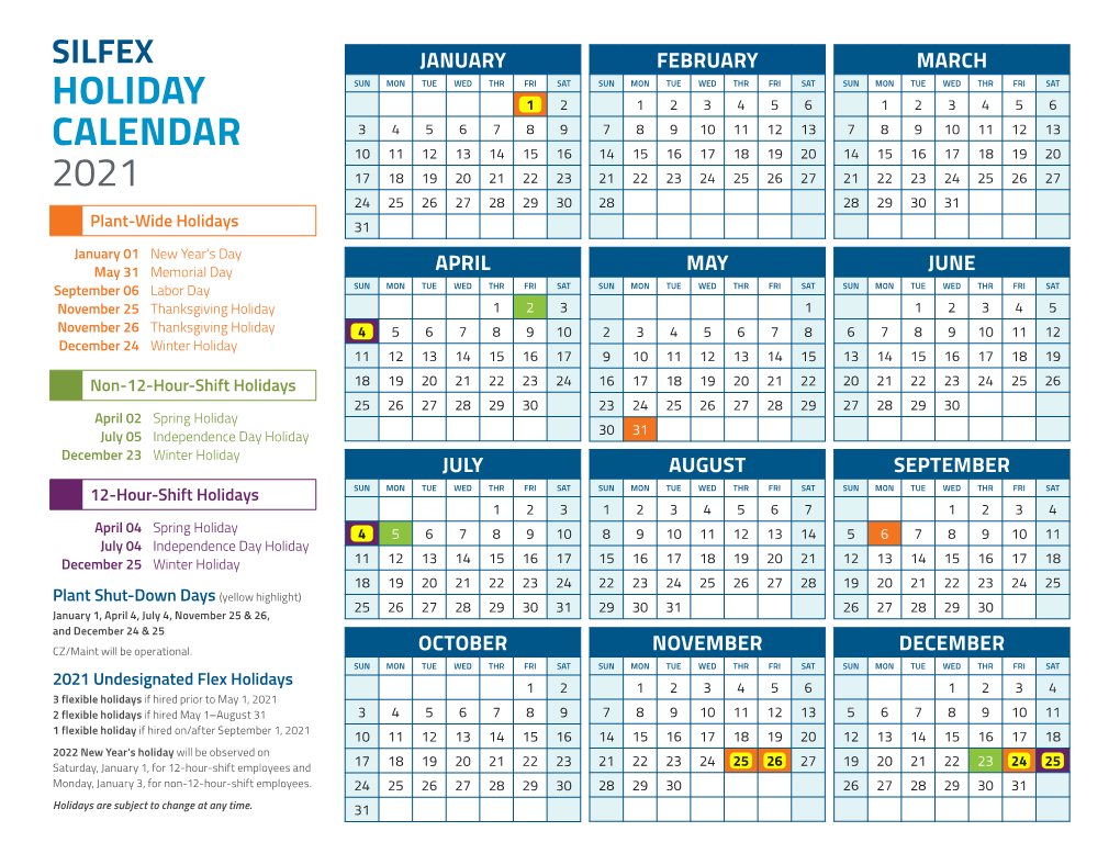 2021 Silfex Holiday and Shutdown Calendar