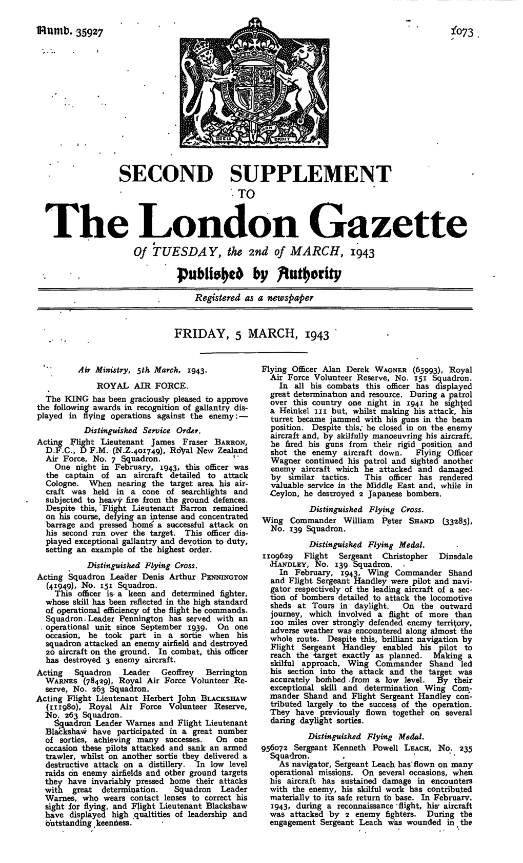 The London Gazette of TUESDAY, the 2Nd of MARCH, 1943 by Registered As a Newspaper