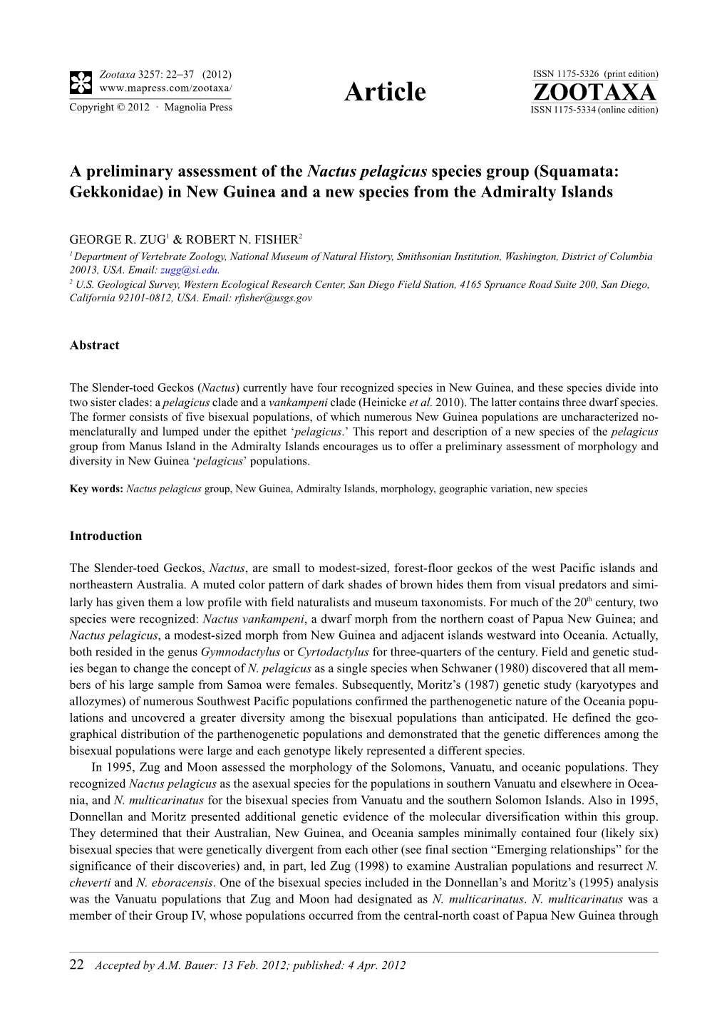 A Preliminary Assessment of the Nactus Pelagicus Species Group (Squamata: Gekkonidae) in New Guinea and a New Species from the Admiralty Islands