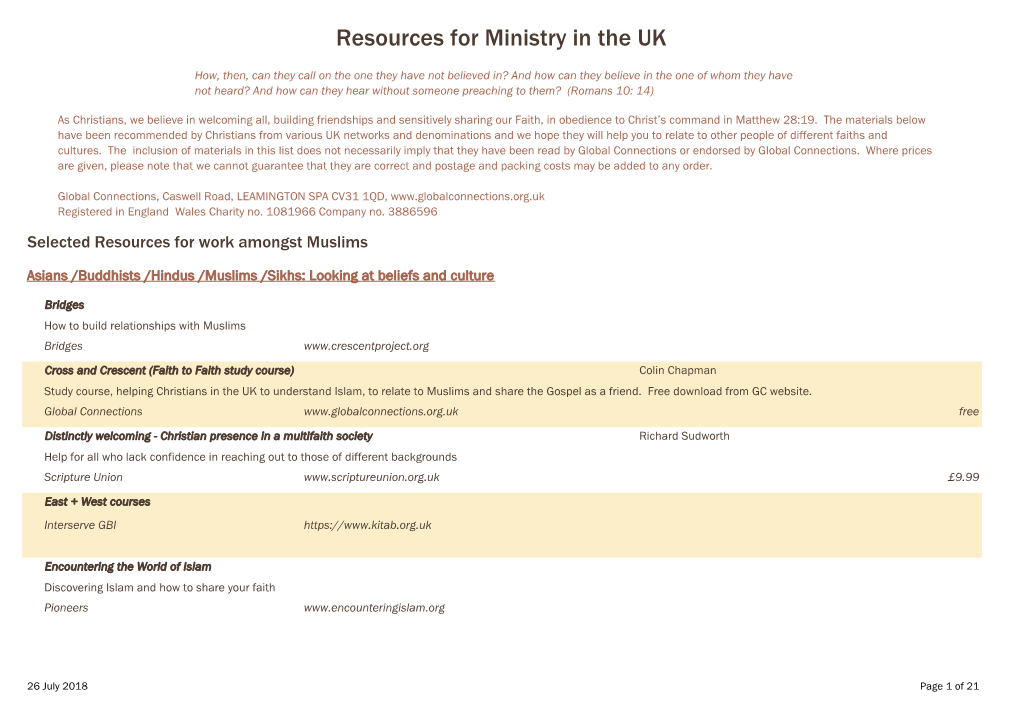 Resources for Ministry in the UK