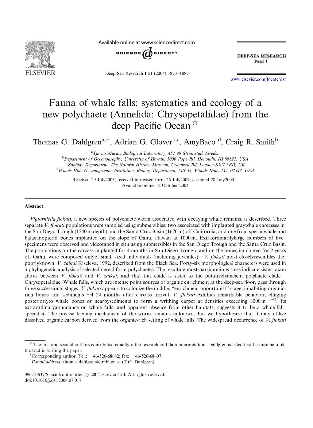 Fauna of Whale Falls: Systematics and Ecology of a New Polychaete (Annelida: Chrysopetalidae) from the Deep Paciﬁc Ocean$