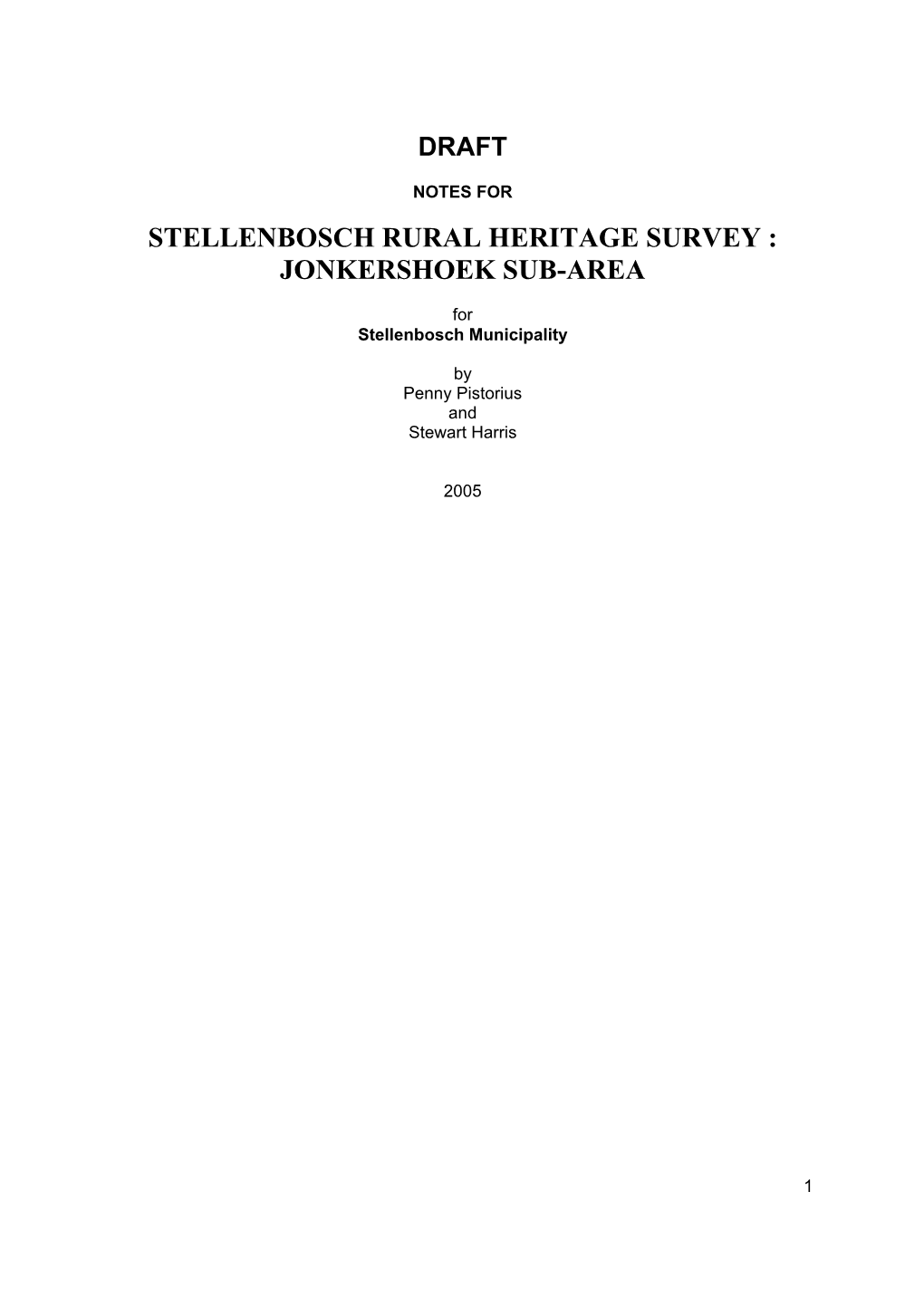 Stellenbosch Rural Heritage Survey : Jonkershoek Sub-Area