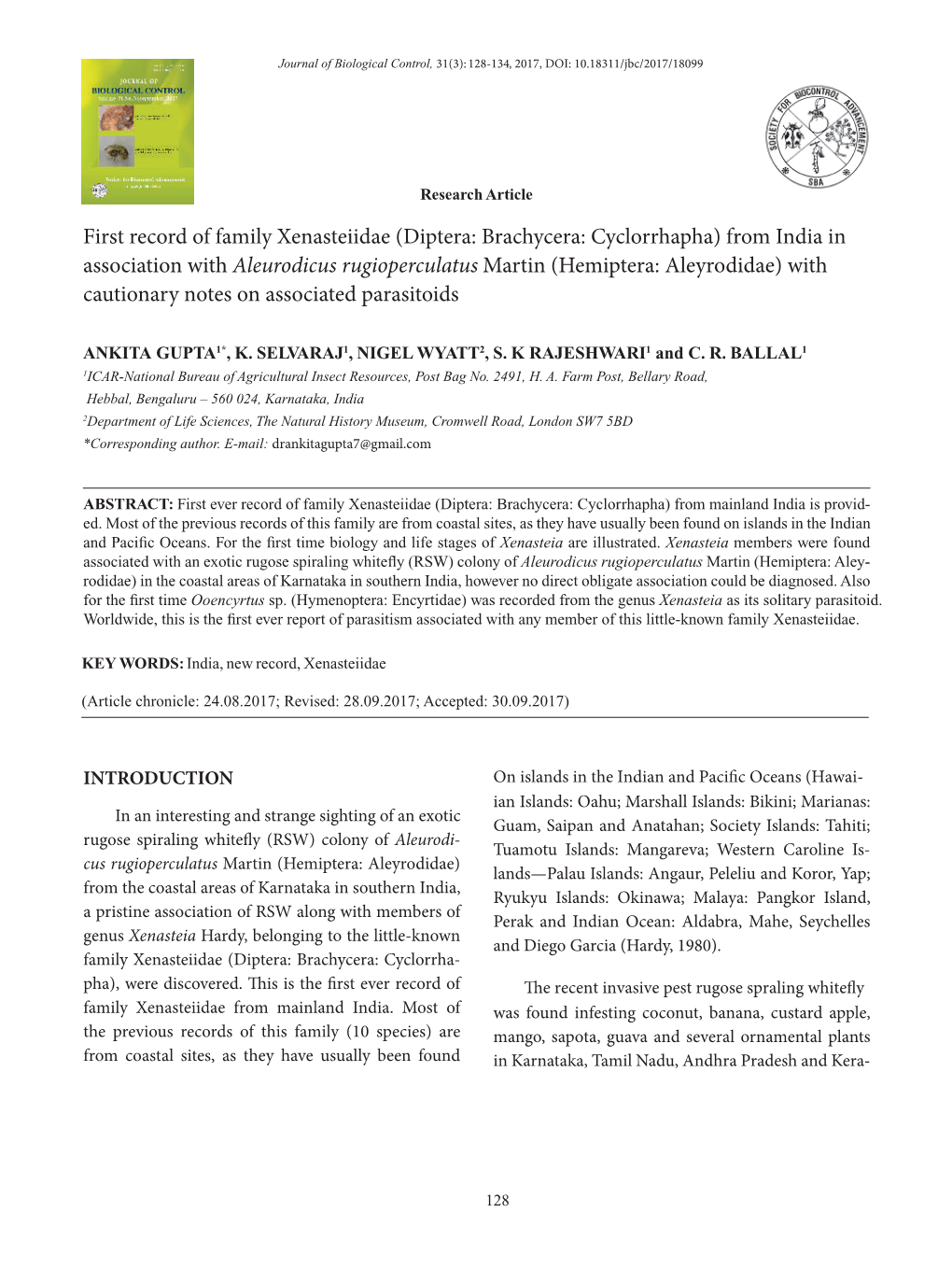 First Record of Family Xenasteiidae (Diptera: Brachycera: Cyclorrhapha) from India in Association with Aleurodicus Rugioperculat