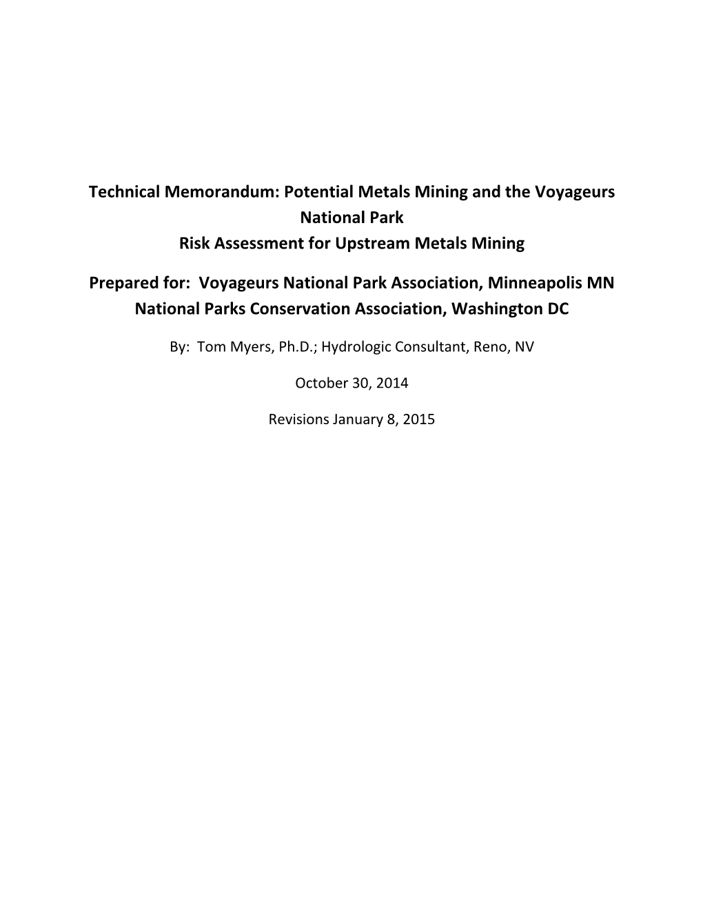 Technical Memorandum: Potential Metals Mining and the Voyageurs National Park Risk Assessment for Upstream Metals Mining