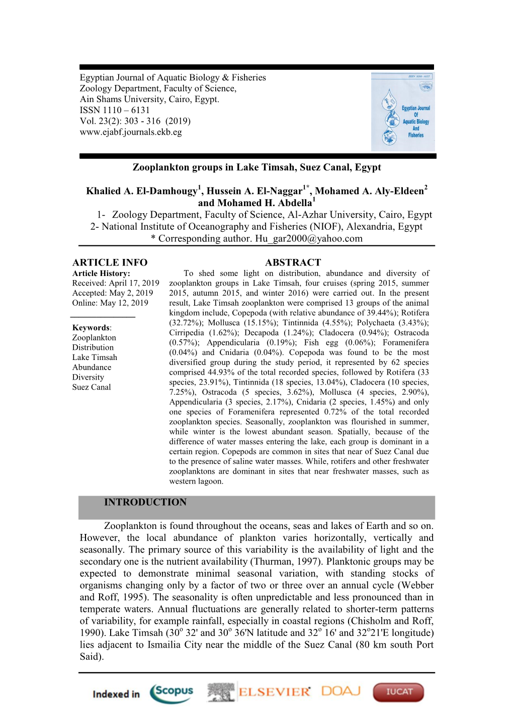 Zooplankton Groups in Lake Timsah, Suez Canal, Egypt Khalied A. El