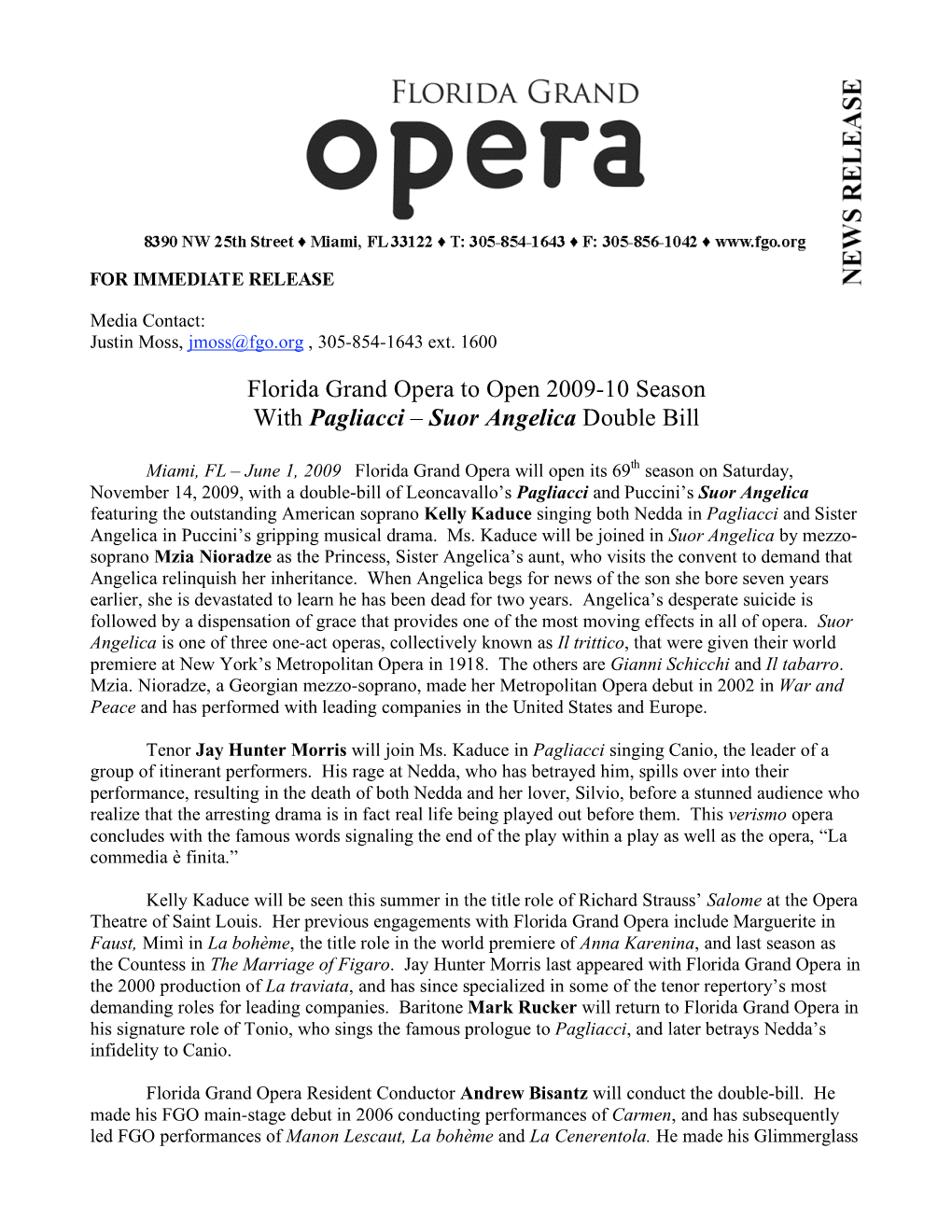 Florida Grand Opera to Open 2009-10 Season with Pagliacci – Suor Angelica Double Bill