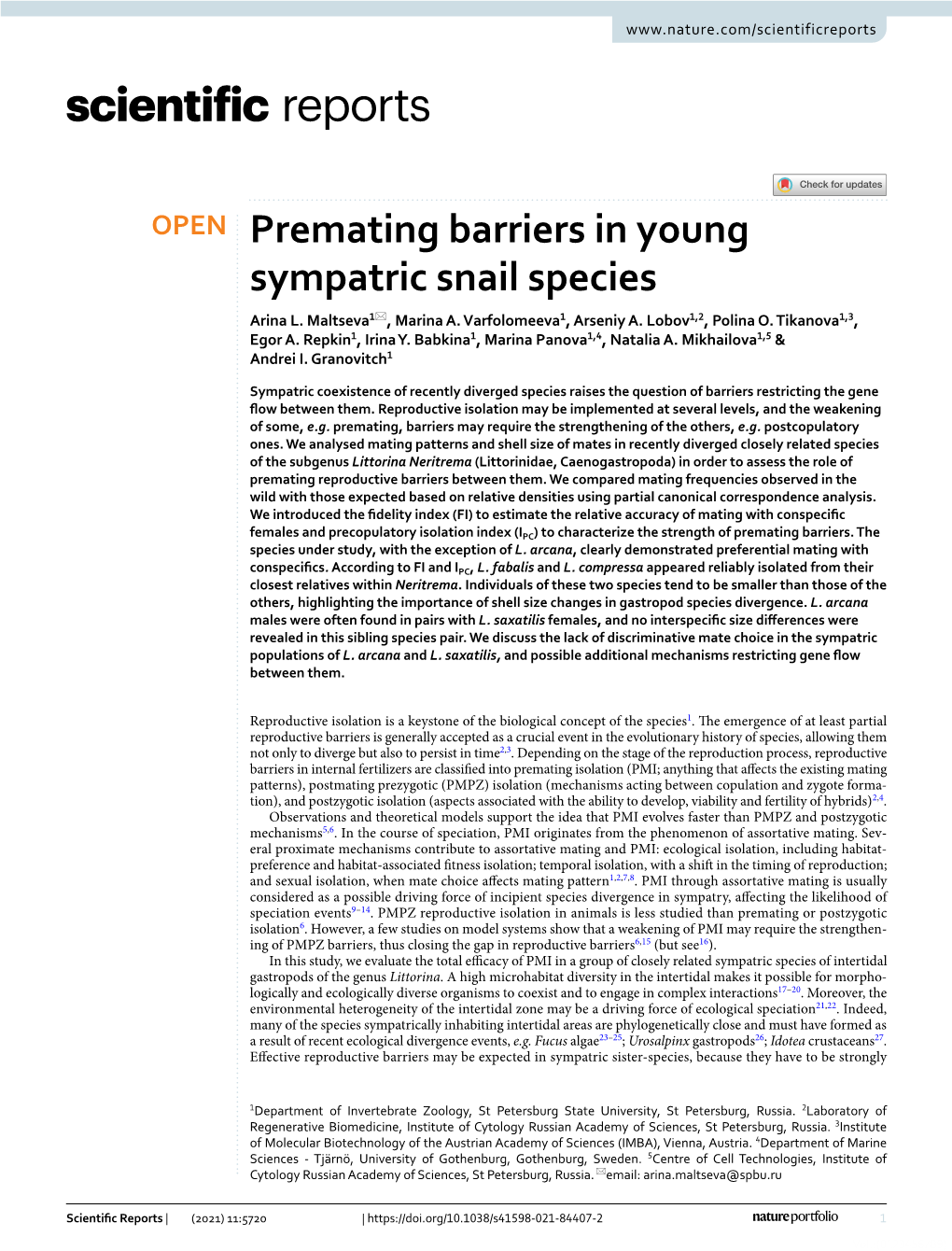 Premating Barriers in Young Sympatric Snail Species Arina L