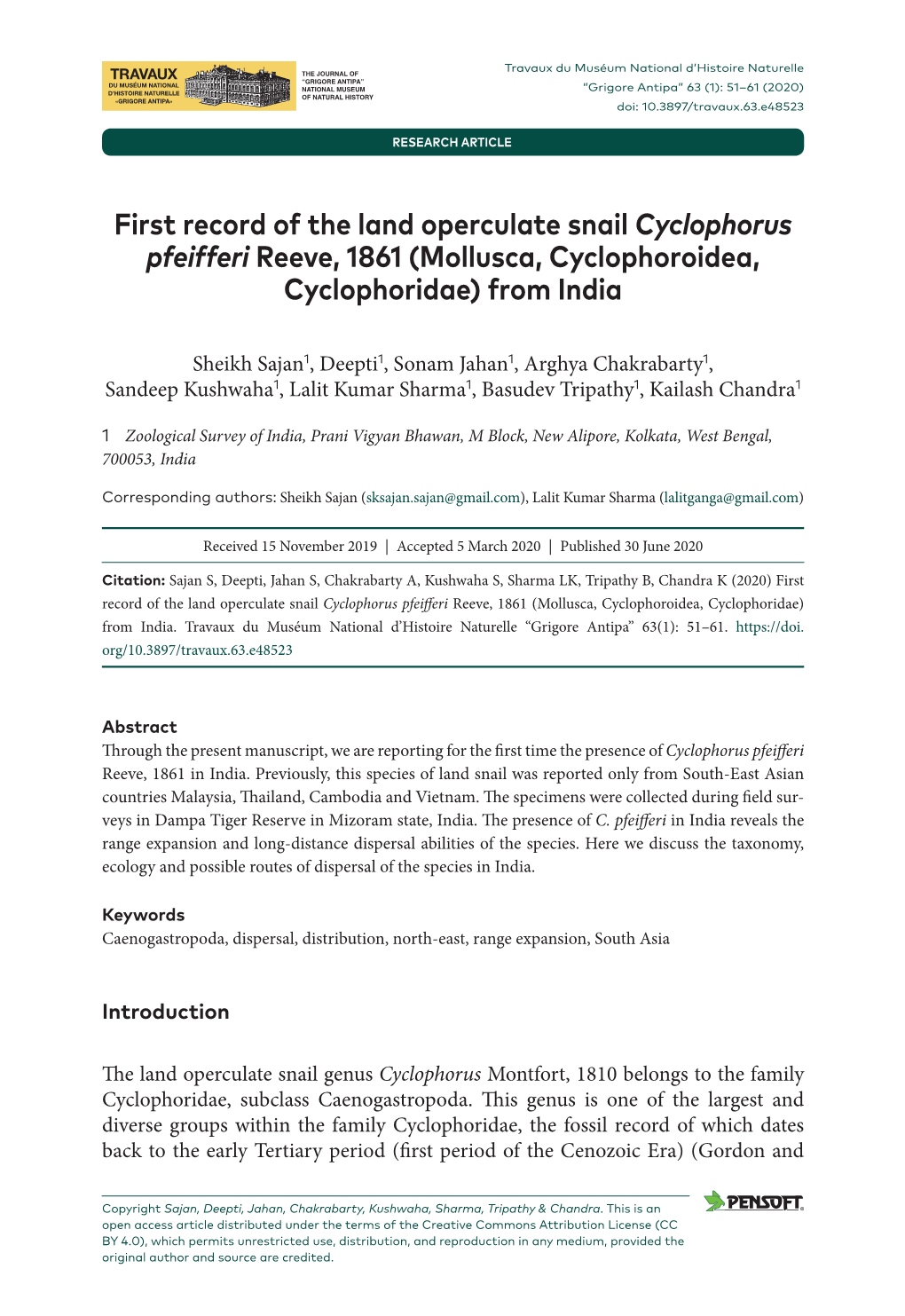 Mollusca, Cyclophoroidea, Cyclophoridae) from India