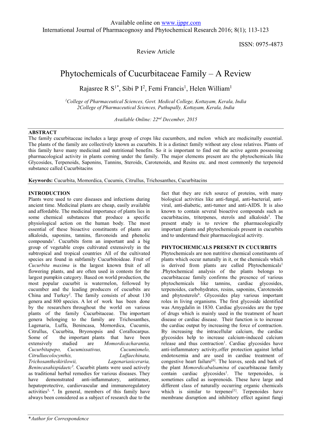 Phytochemicals of Cucurbitaceae Family – a Review