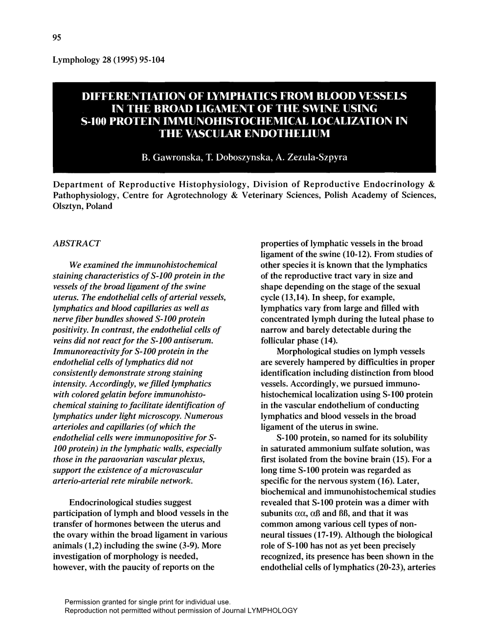 Differentiation of Lymphatics from Blood Vessels in the Broad Ligament of the Swine Using S-Ioo Protein Immunohistochemical Localization in the Vascular Endothelium