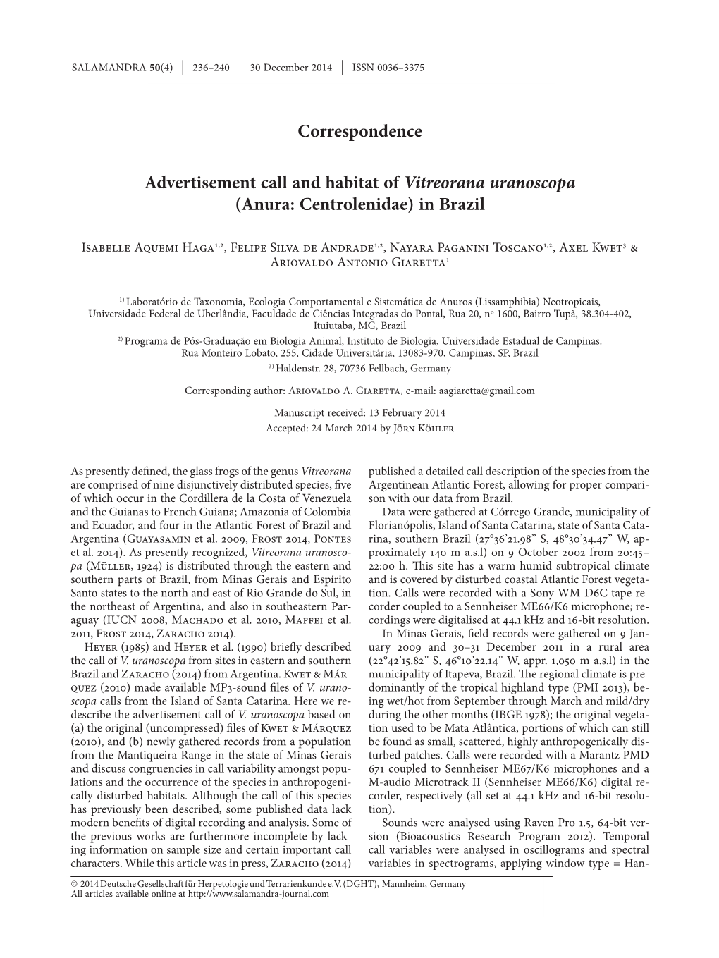 Advertisement Call and Habitat of Vitreorana Uranoscopa (Anura: Centrolenidae) in Brazil