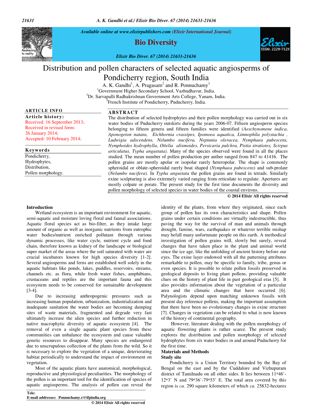 Distribution and Pollen Characters of Selected Aquatic Angiosperms of Pondicherry Region, South India A