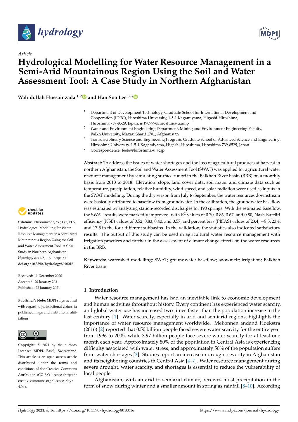 Hydrological Modelling for Water Resource Management in a Semi-Arid Mountainous Region Using the Soil and Water Assessment Tool: a Case Study in Northern Afghanistan